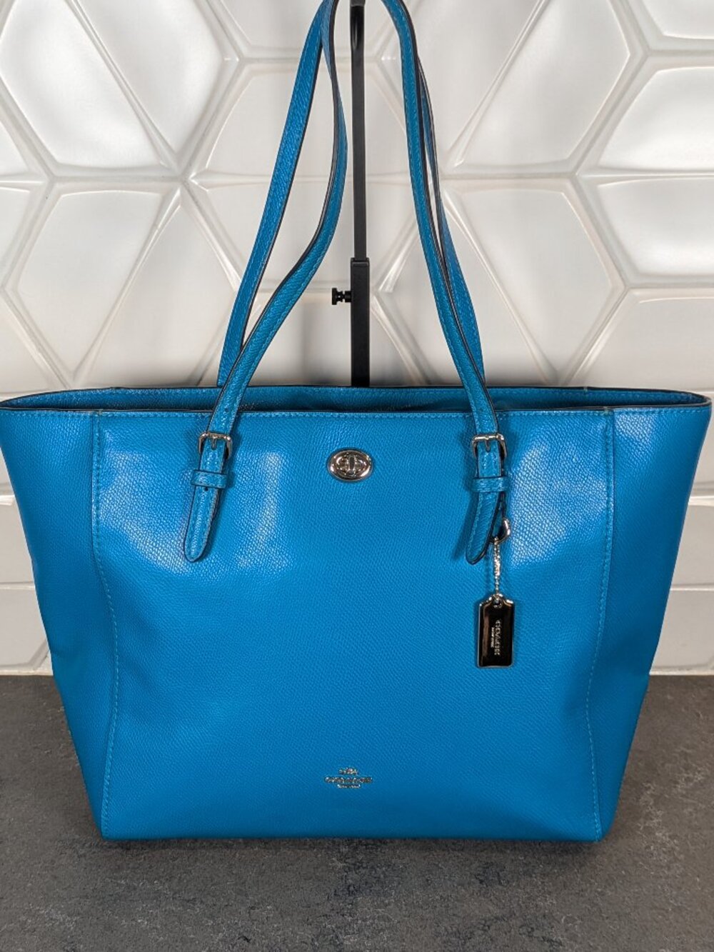 Womens Turquoise Blue Coach Turnlock Crossgrain Leather Carryall Tote